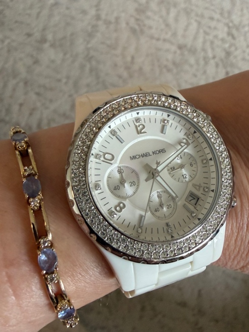 Michael Kors White Crystal-Trim Diamond Chronograph Watch Leather Box Bracelet - Picture 11 of 13